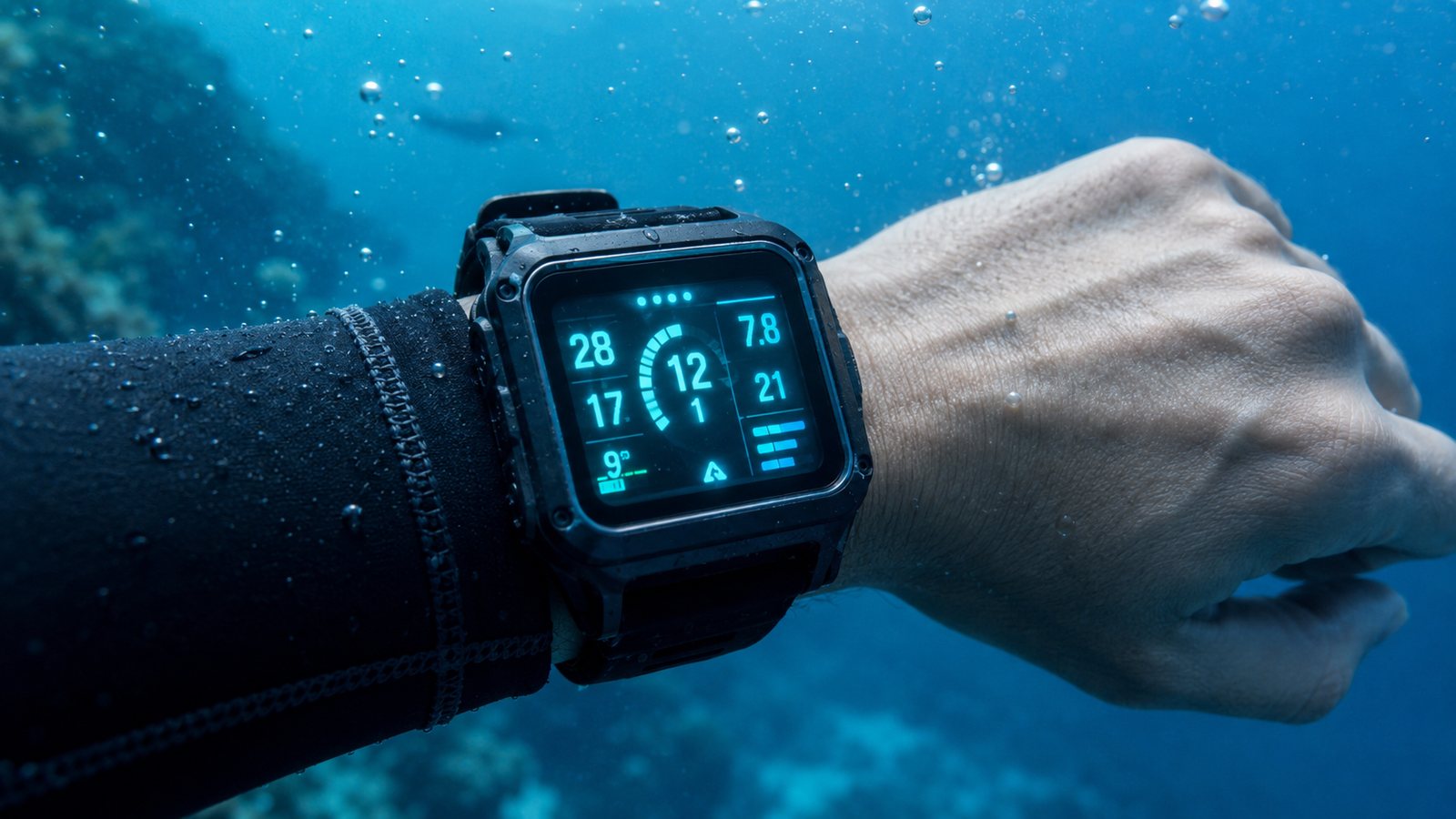 Diver checking a wrist dive computer underwater