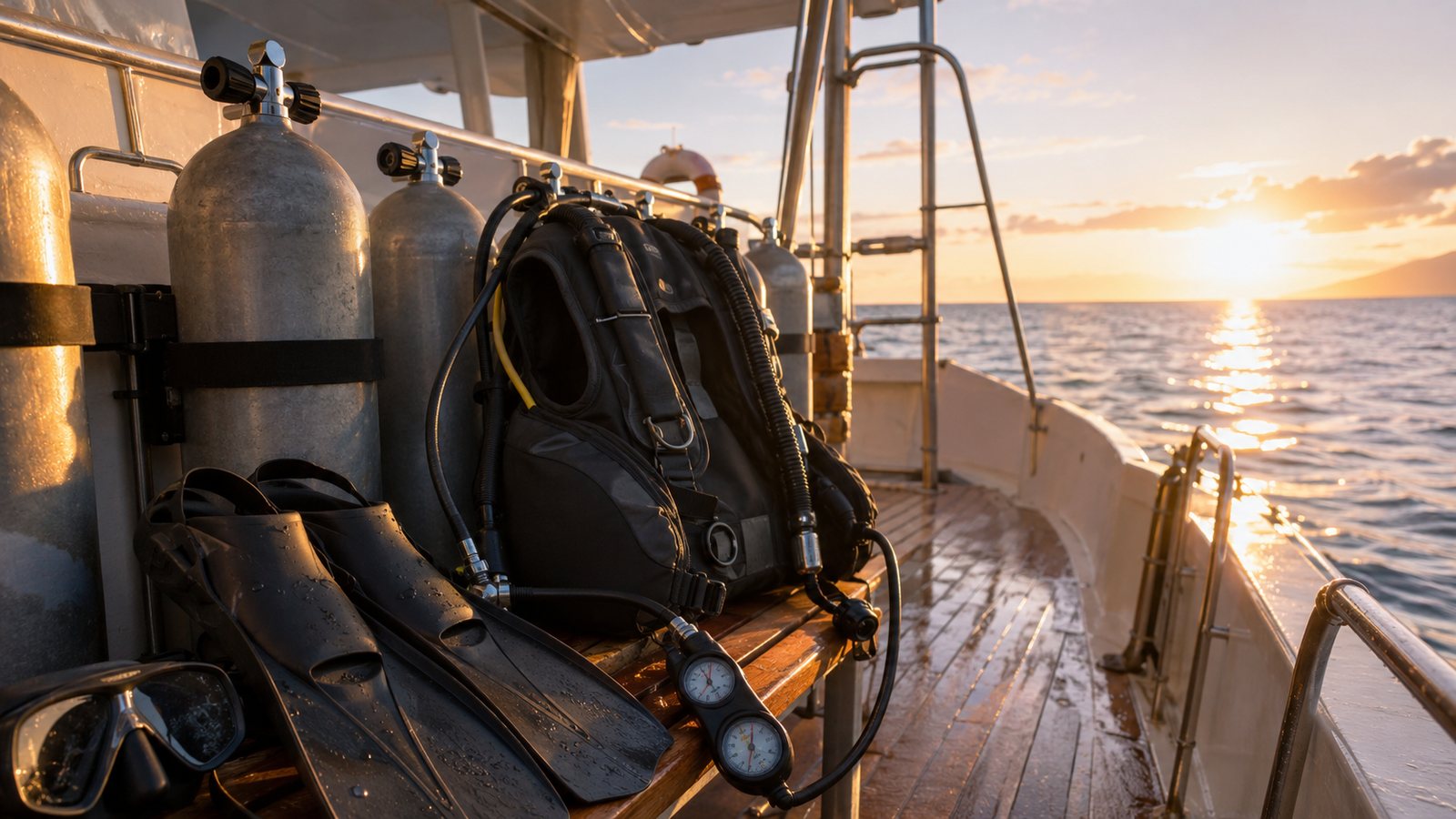 Scuba gear staged on a dive boat at sunset